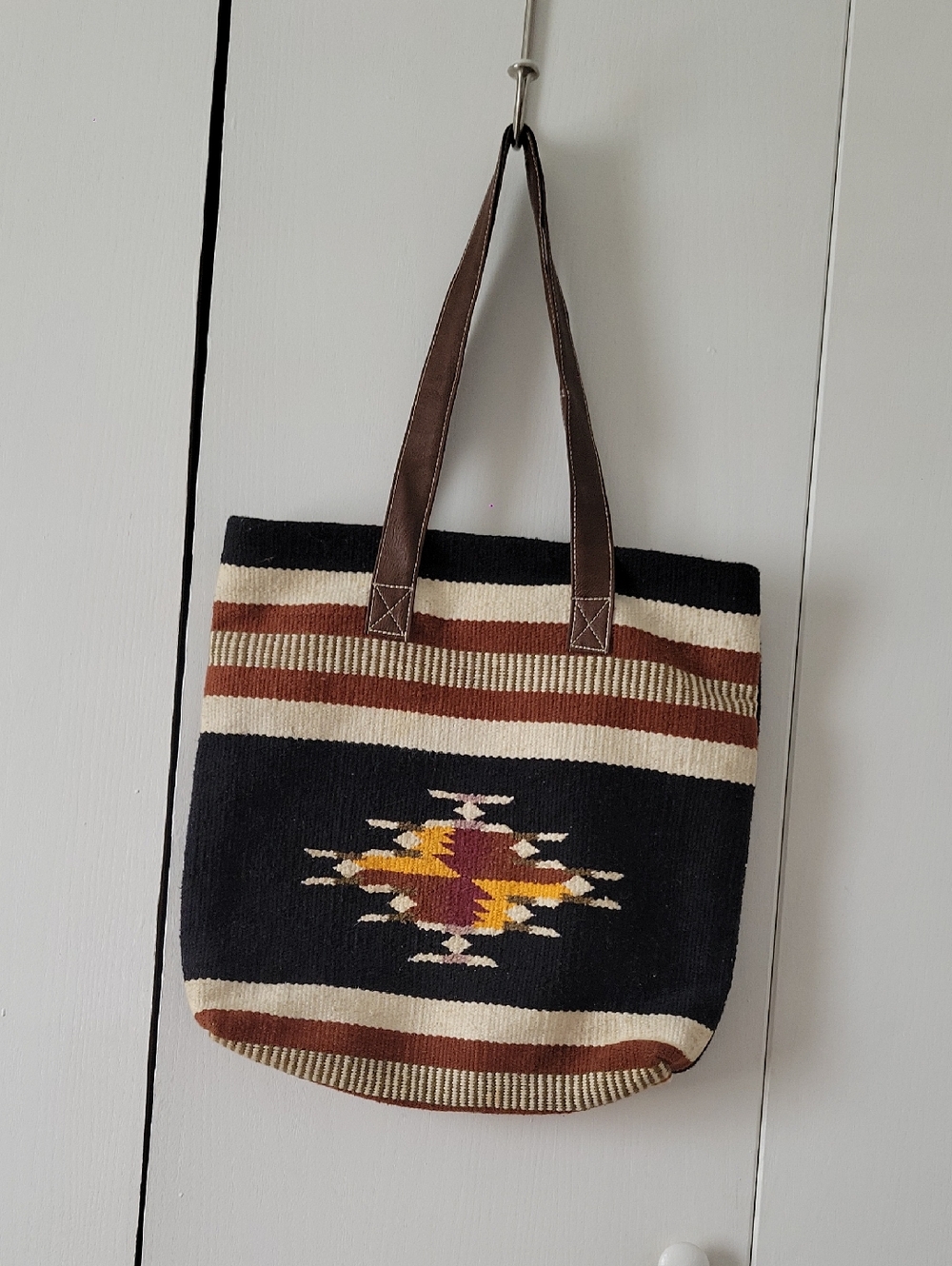 Southwestern Woven Tote Bag in Black, Brown & Cream
